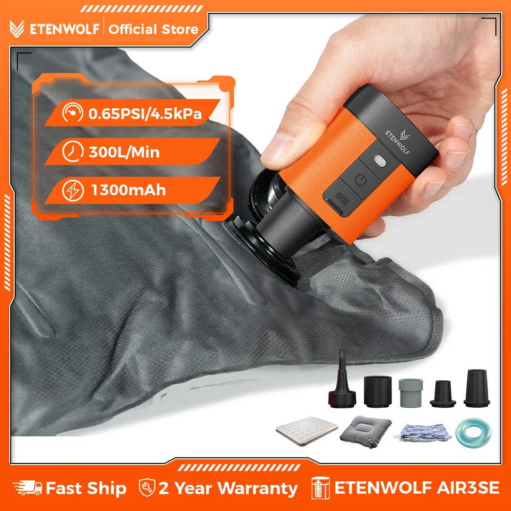ETENWOLF AIR 3SE Elektrische Luftpumpe, 1300 mAh, Camping-Licht, Außenpumpe für Luftmatratze, Pool, Schwimmer, Isomatten