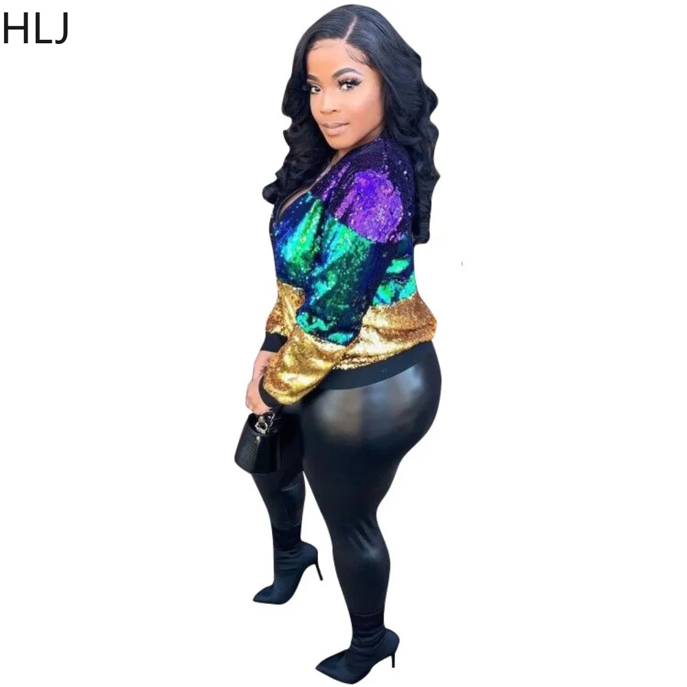 HLJ Fashion Sequin Splicing Zipper Jacket Women V Neck Long Sleeve Slim Coats Spring New Female Party Club Matching Top Clothing
