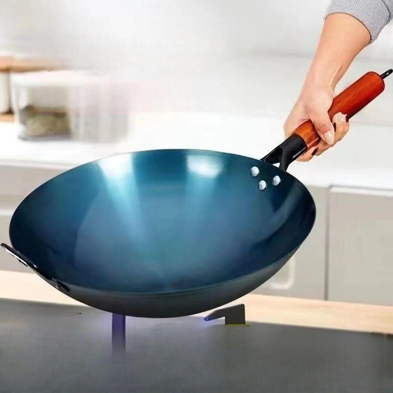 Wok Pan Chef with Wood Handle for Induction Cooker with Lid Traditional Wok for Kitchen Household Home Restaurant Cooking
