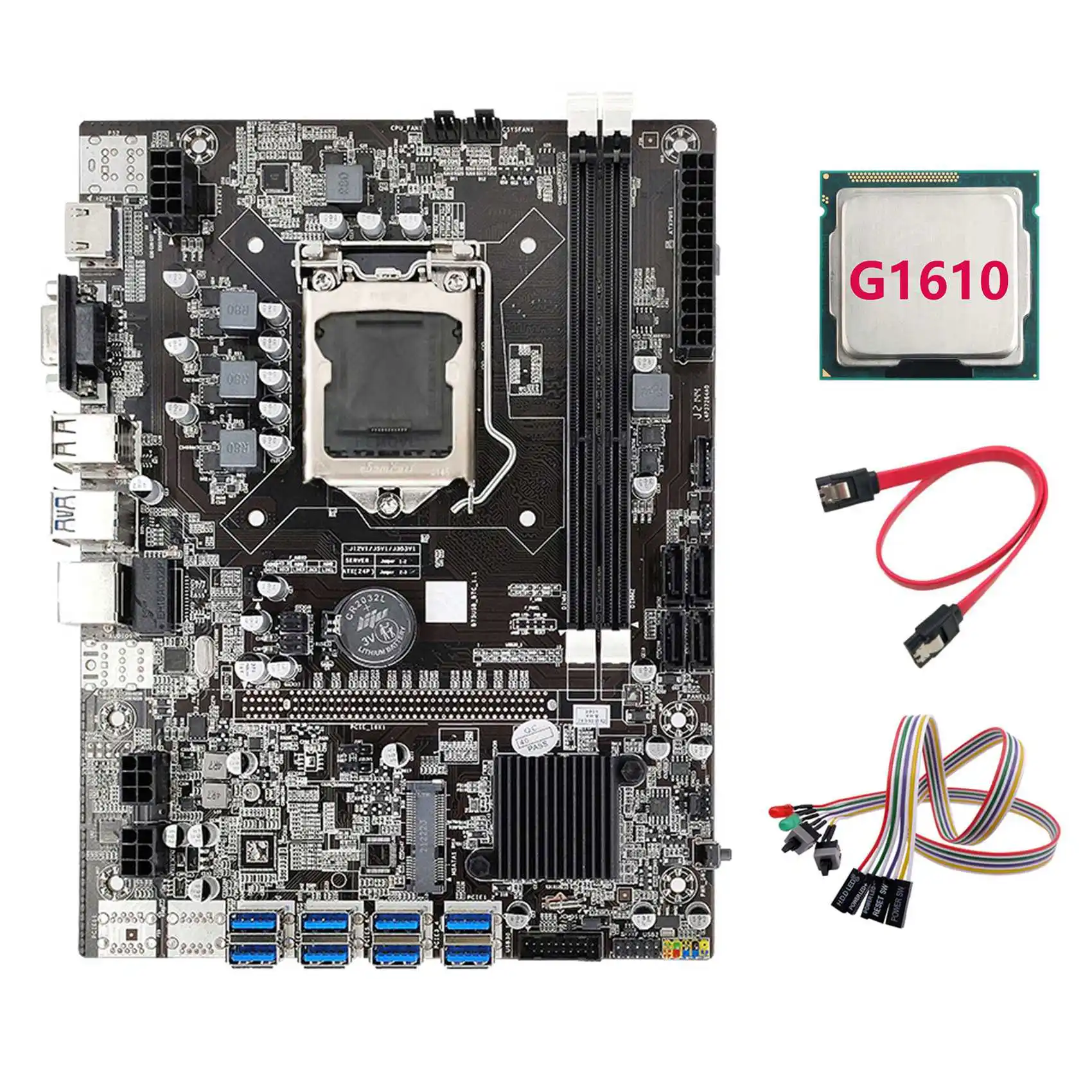 

B75 ETH Mining Motherboard 8XPCIE to USB+G1610 CPU+Dual Switch Cable with Light+SATA Cable LGA1155 Miner Motherboard