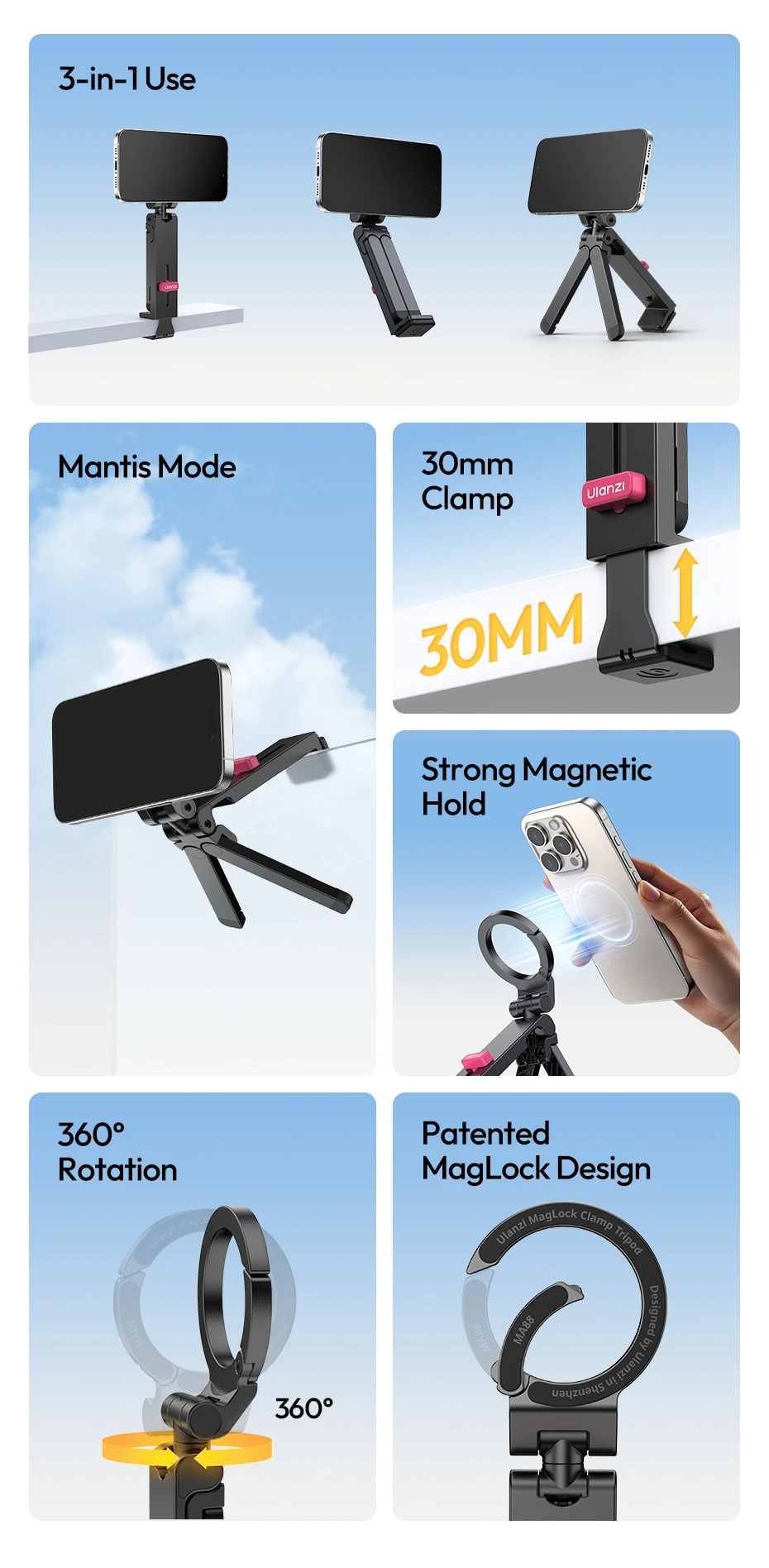 MA88 MagLock Phone Holder Mount 360° Adjustable Clamp Mount Magsafe Phone Tripod