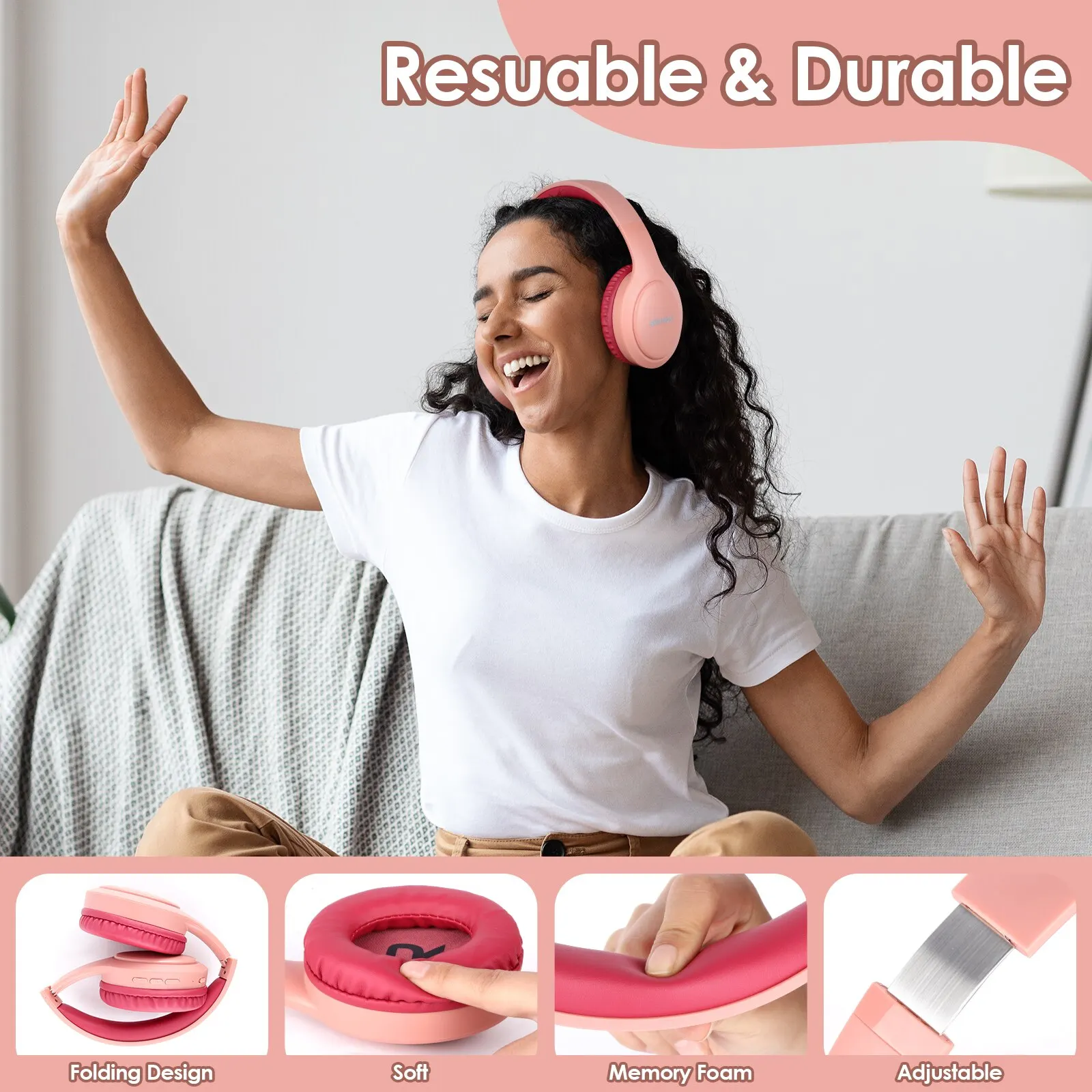 Wireless Headphones Siindoo JH-919 Bluetooth Pink&Blue Foldable Stereo Earphones Super Bass Noise Cancelling Mic For Laptop TV