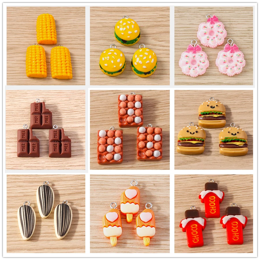 Tusember 10 Stück Harz-Simulations-Mais-Sonnenblumenkerne Schokoladen-Hamburger-Eier-Anhänger für Schmuckherstellung DIY Ohrringe Schlüsselanhänger