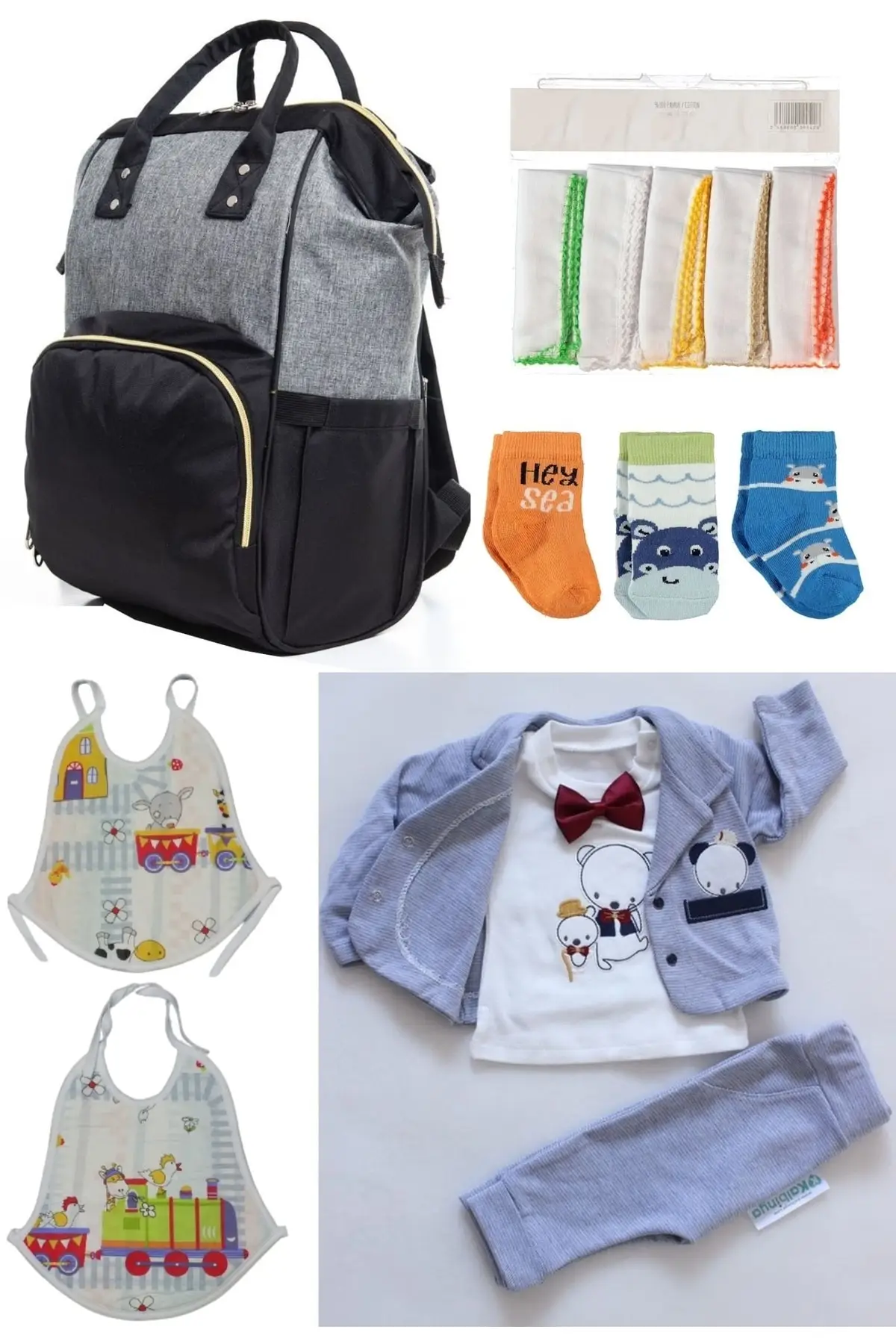 

6 Piece Birth Set (Baby Care Backpack, hospital Exit, 10-Hand Wipes, 3-Socks And 2-Piece Set) Gray