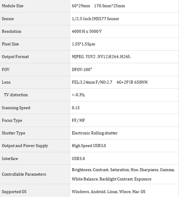 Description Picture 2 of item4K 12MP HD 4000 x 3000 IMX577 Type-C USB3.0 Camera Module High Speed  FF 100°  With Motherboard For Document photography