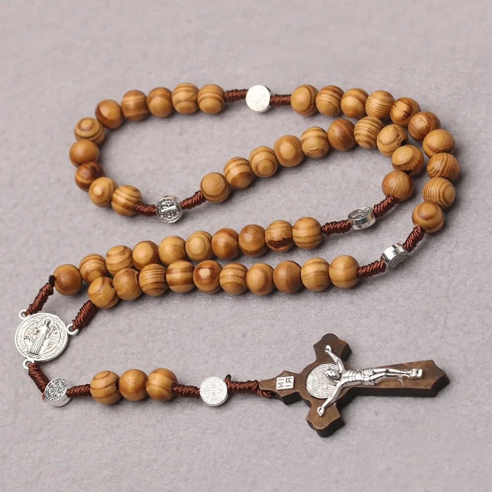 Catholic Wood Beaded Pendant Necklace For Women Men Christian INRI Crucifix Cross Long Chain Religion Prayer Jewelry