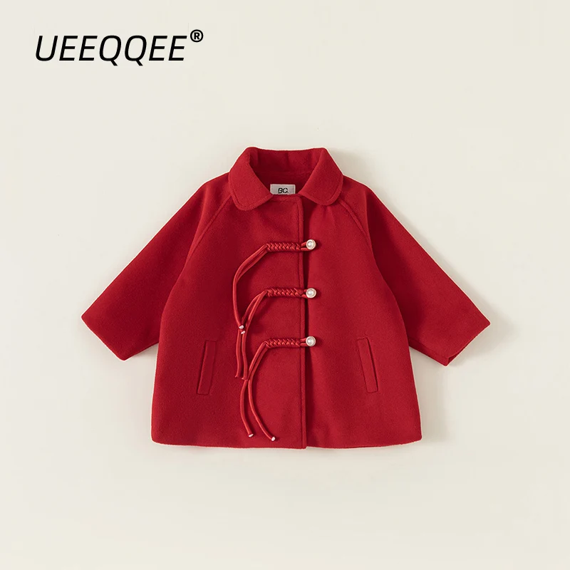 

Осень-зима 2023, Новое Детское твидовое пальто, повседневное пальто для девочек, красная длинная куртка на пуговицах, верхняя одежда для маленьких детей, детская одежда