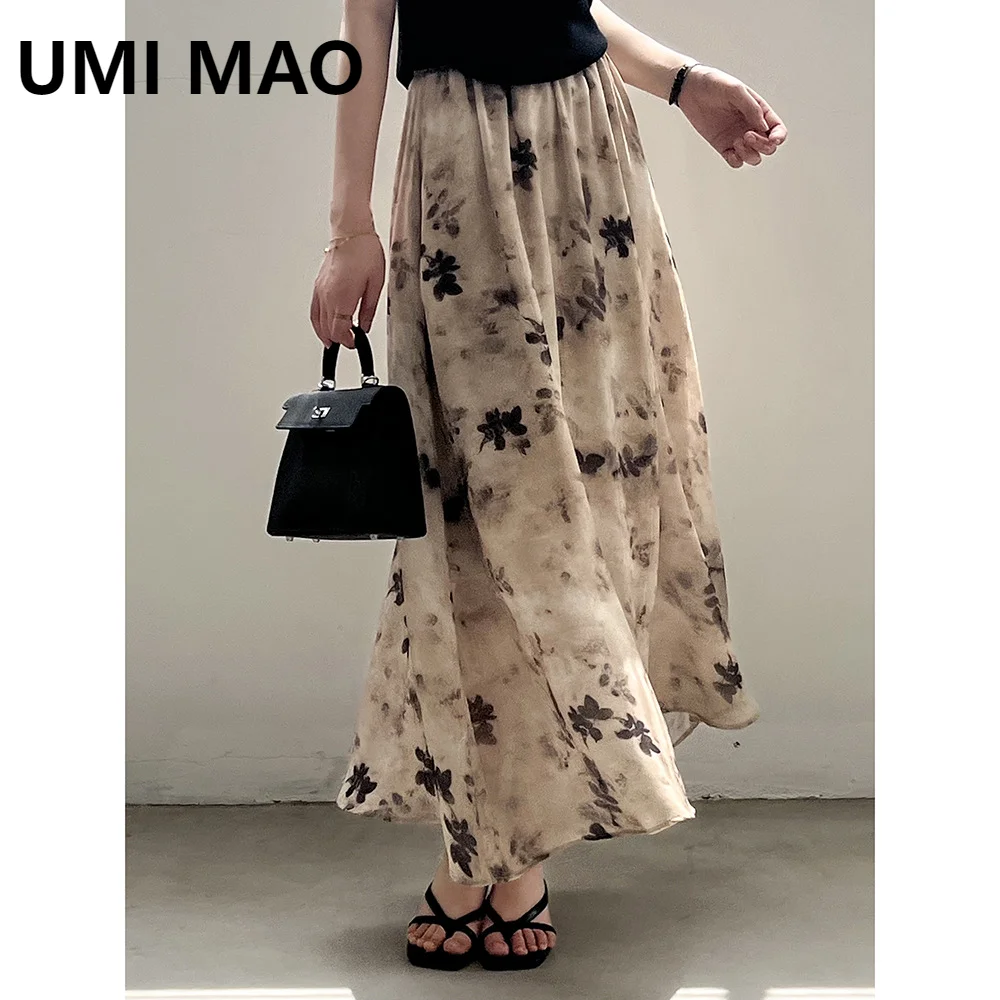 

UMI MAO Retro Chinese Feng Shui Ink Halo Dyed Printed Skirt 2024 Summer New Elastic Waist Long Skirt Femme Y2K