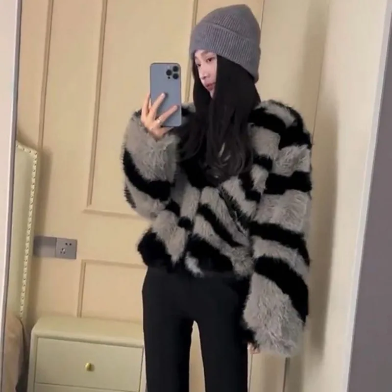Winterthicker Warm Faux Fur Jacket Women's Striped Short Coat Crop Top Plus Size Cardigan Fashion Fluffy Outerwear