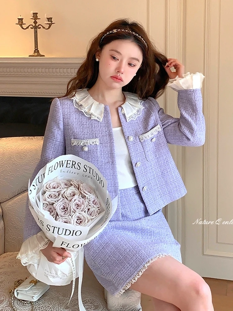Monet Winter Chic Gray Rose Wool Jacket Fur Collar & Black Plaid Skirt Two Piece Set