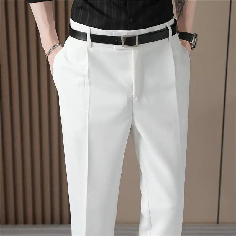 Summer Belt Decoration Casual Pants Men Ankle Length Business Suit Pant Elastic Waistline Straight Trousers Costume Homme