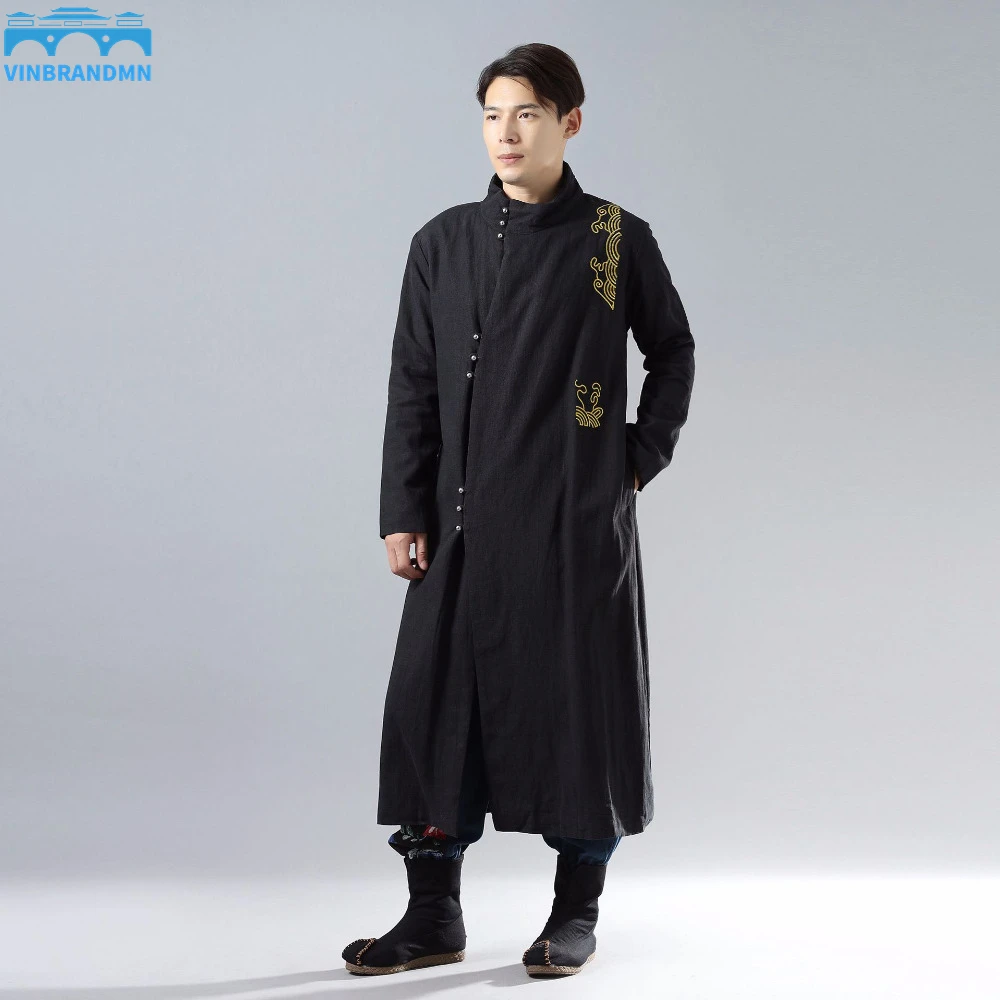 

Traditional Clothing Autumn and Winter Men's Embroidered Long Coat Velvet Ethnic Style Robe Coat Parka Plus Velvet Windbreaker