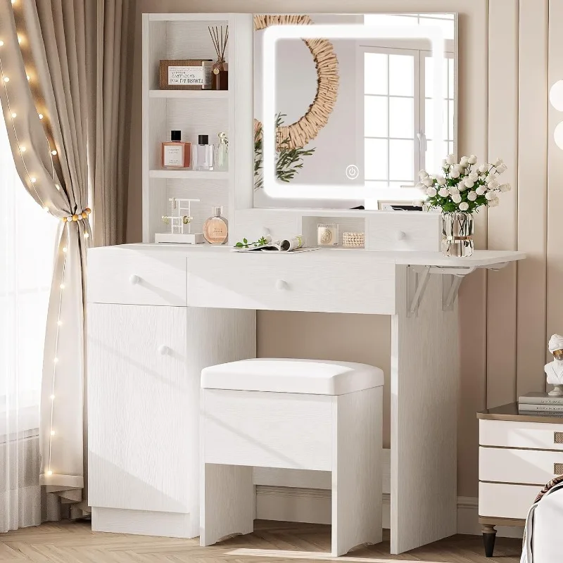 

Столик для туалетного столика с выдвижными ящиками и регулируемой розеткой и шкафом, стул для хранения, Набор стильного косметического столика для спальни, белый