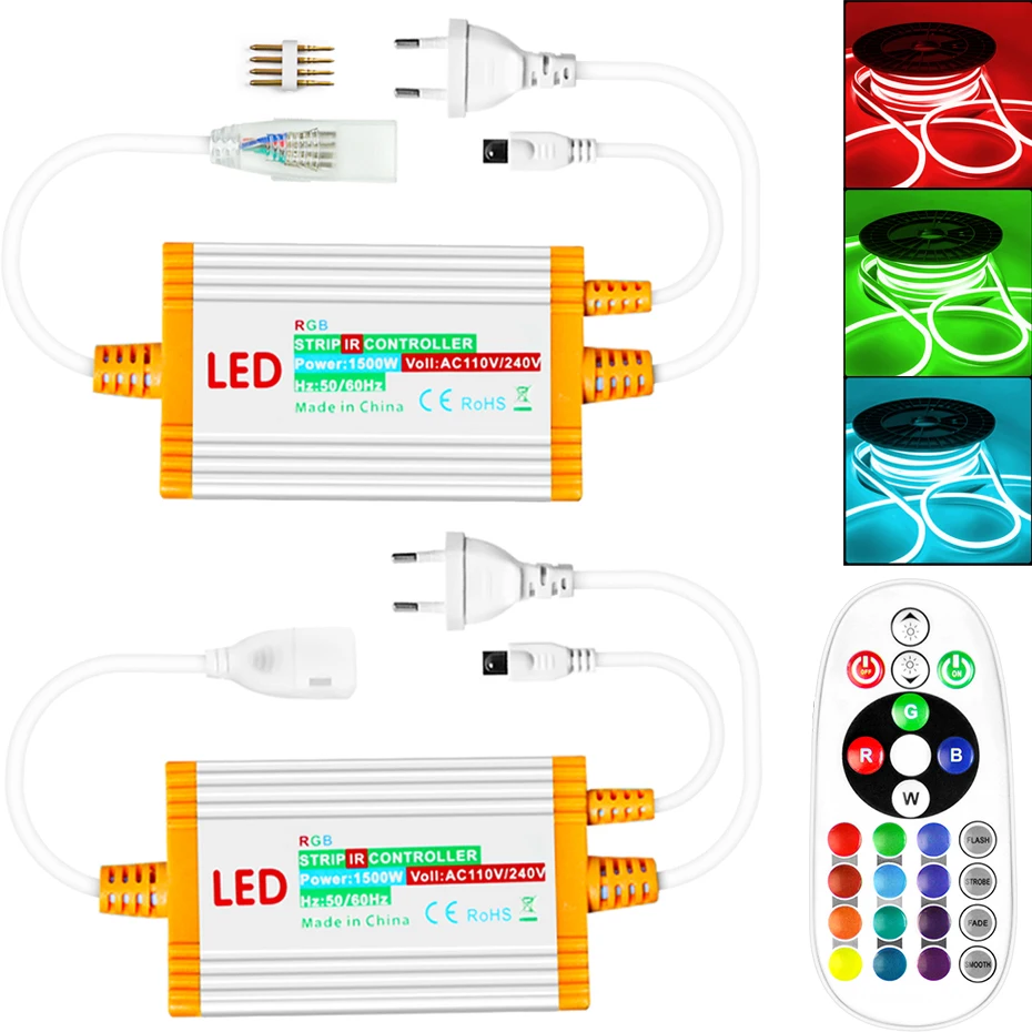 220V EU Plug Dimmable IP68 Waterproof Controller 1500W with 24key IR Remote Control for SMD5050 2835 RGB Led Strip Led Neon Lamp