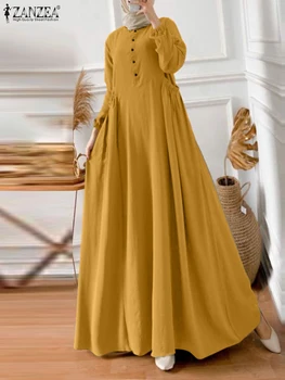 Elegant Fashion Autumn Maxi Dresses ZANZEA Women 2025 Long Sleeve Solid Sundress IsIamic Robe Muslim Abaya Dress A Line Vestidos