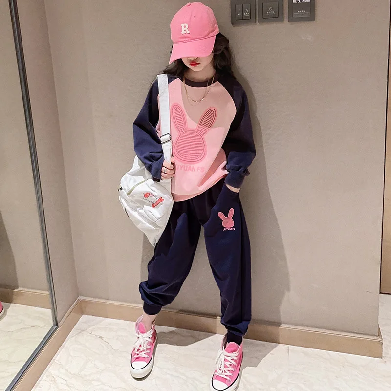 

Teen Girls Spring Suit 2023 Printed Rabbit Sweater Pants 2Pcs Sets Children's Clothes Tracksuits Kids Loungewear For 4-16Y