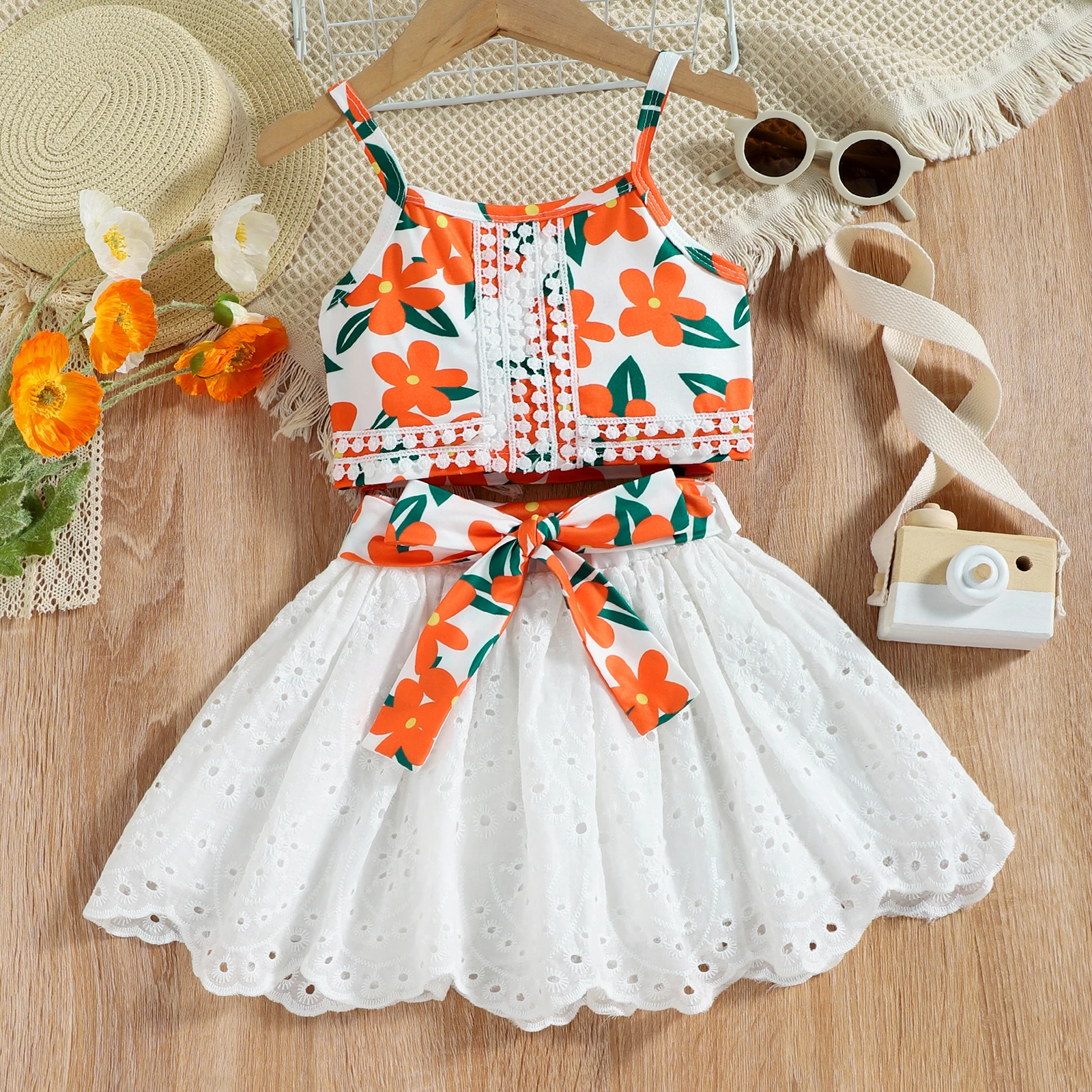 FOCUSNORM 0-4Y Lovely Kids Girls Clothes Sets 2pcs Flowers Lace Spaghetti Strap Camisole + Hollow-out Solid Skirt with Belt
