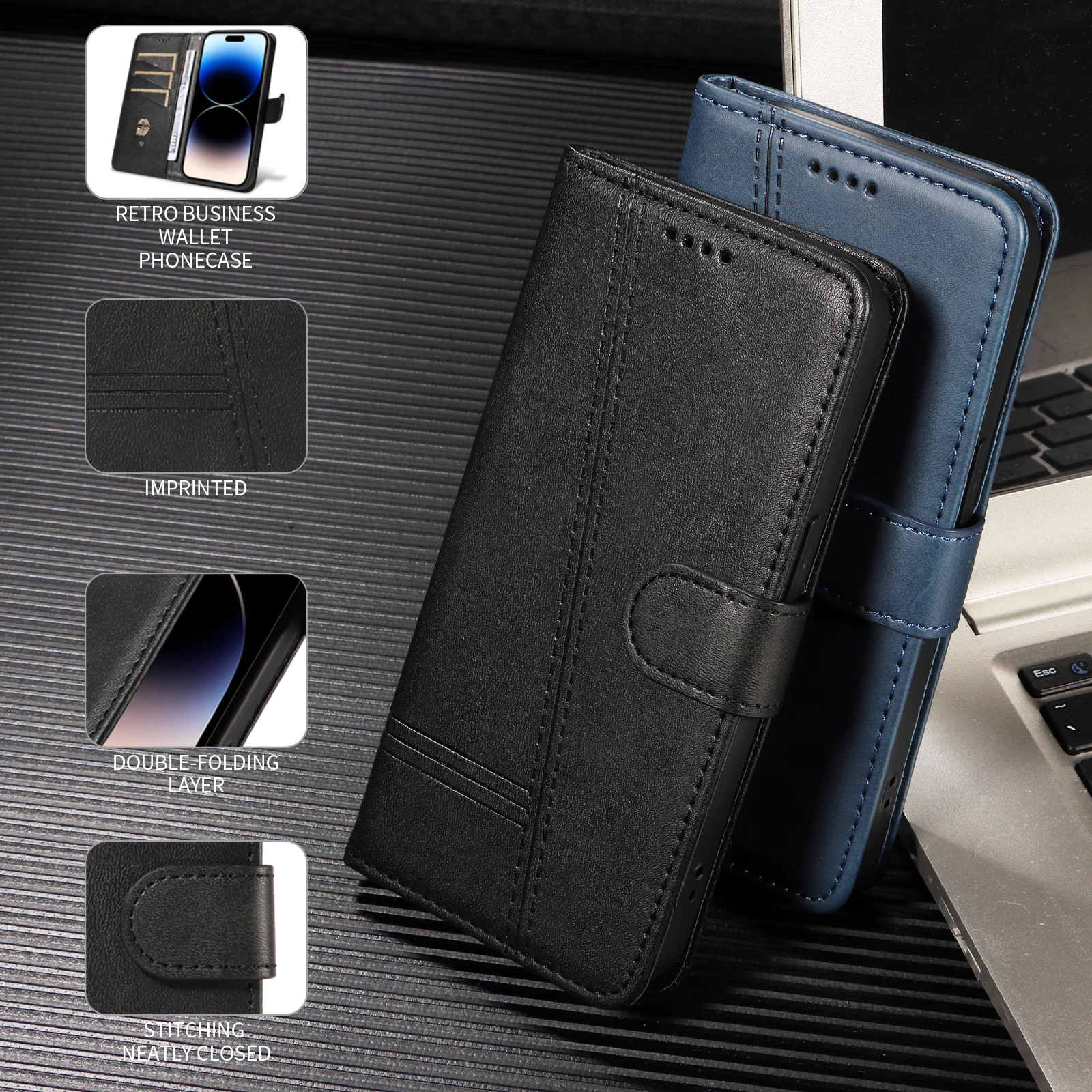 Retro Lines Leather Flip Wallet Case with Stand and Card Slot