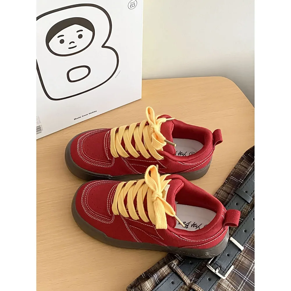 2024 New Spring Thick Sole Women Board Shoes Wine Red Canvas Shoes Women Shoes Lace up Fashion Mixed Color Sports Shoes 24-161