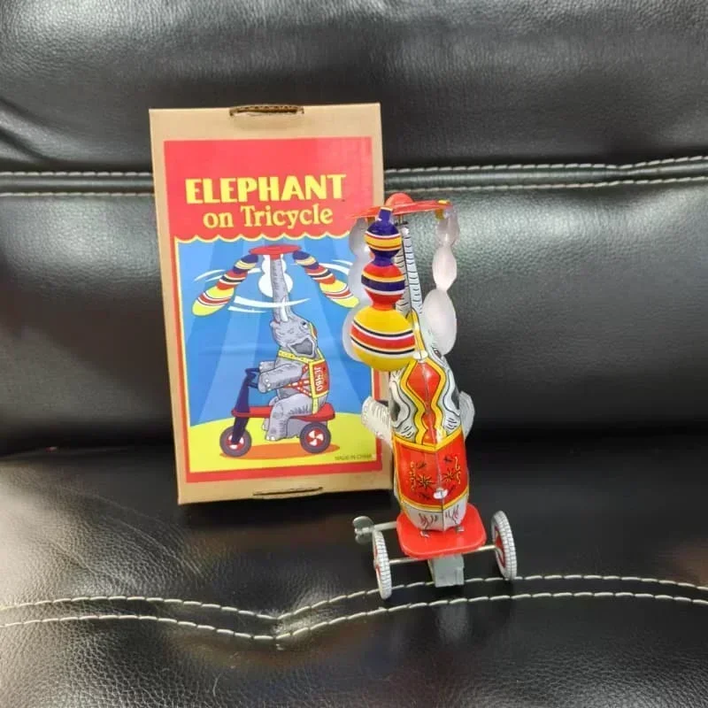 Adult Collection Retro Wind up toy Metal Tin circus acrobatics elephant on tricycle Mechanical Clockwork toy figure gift