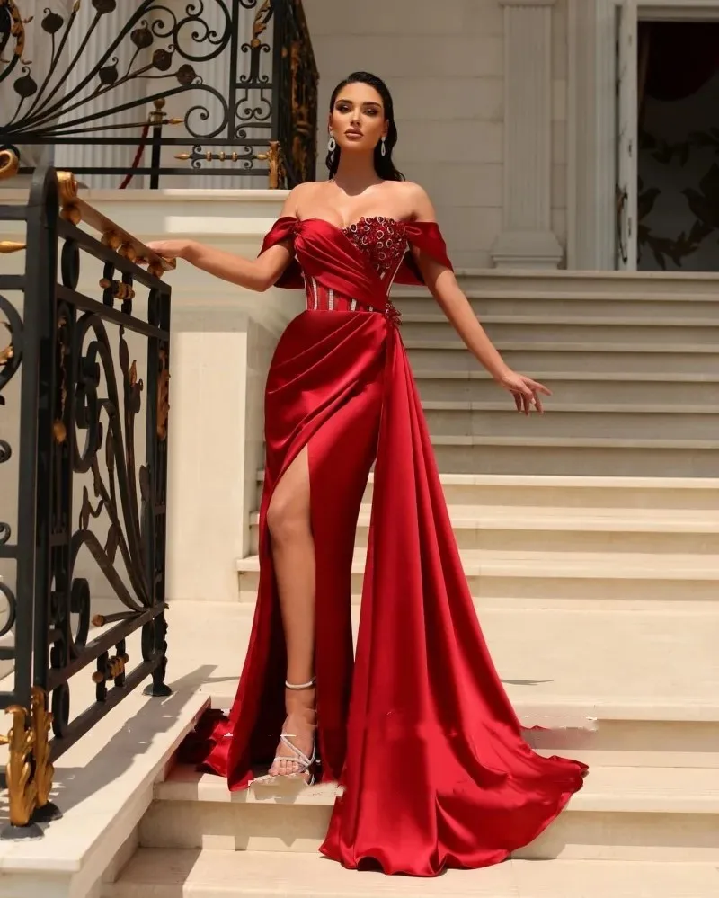 

Elegant Red Satin Mermaid Evening Dresses for Wedding off the Shoulder Beaded Side Split Pleats Arabic Dubai Red Prom Gowns