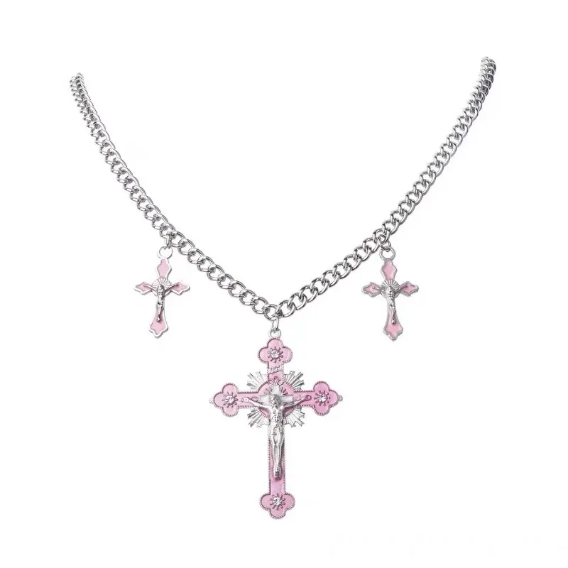 Y2K Style Charm Pink Cross Necklaces for Women Female