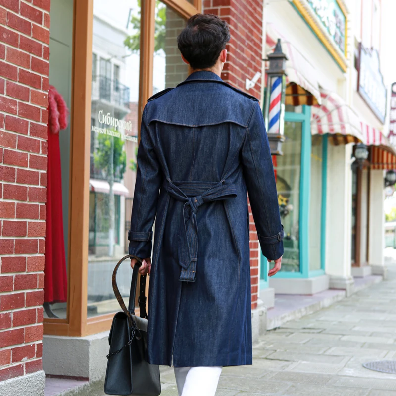 Denim long trench coat men's over the knee double breasted British