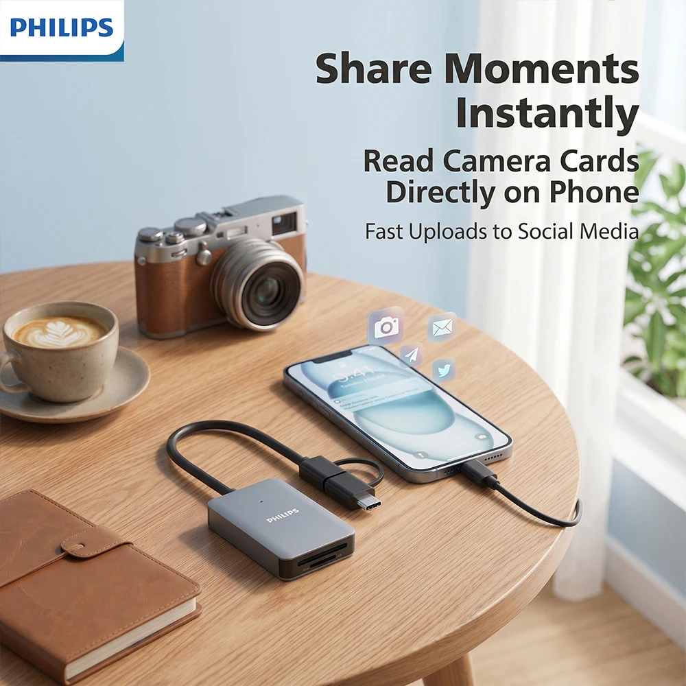 Philips Dual Slot High-Speed USB & Type-C Card Reader with Simultaneous SD/TF Reading