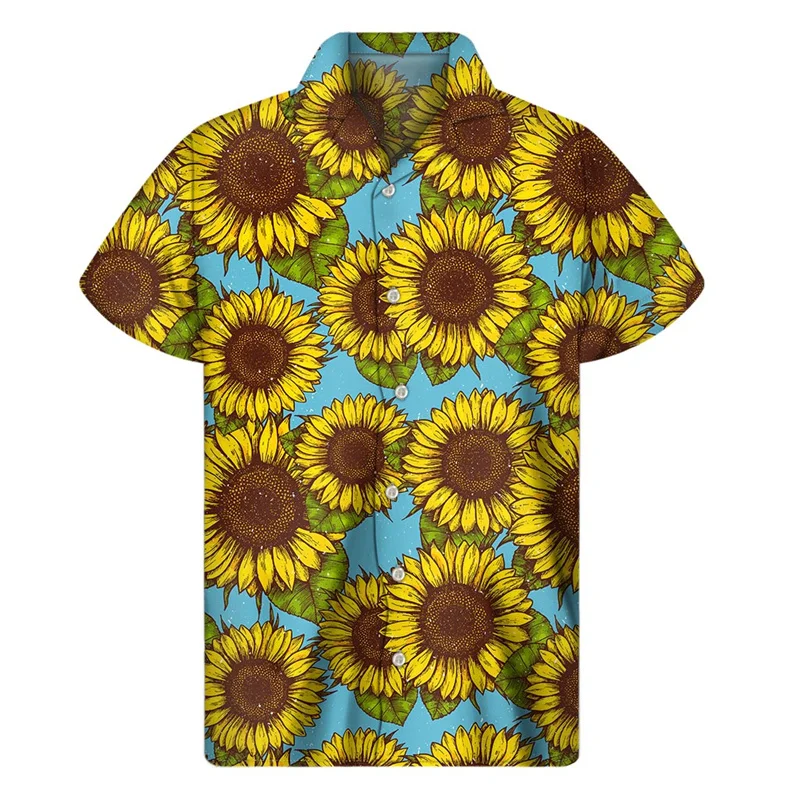 thumbnail image 1 of Camisa con estampado 3D de girasoles a la moda para hombre, camisas hawaianas con estampado floral, blusa de manga corta con botones y solapa de estilo urbano para mujer, 1 of 5