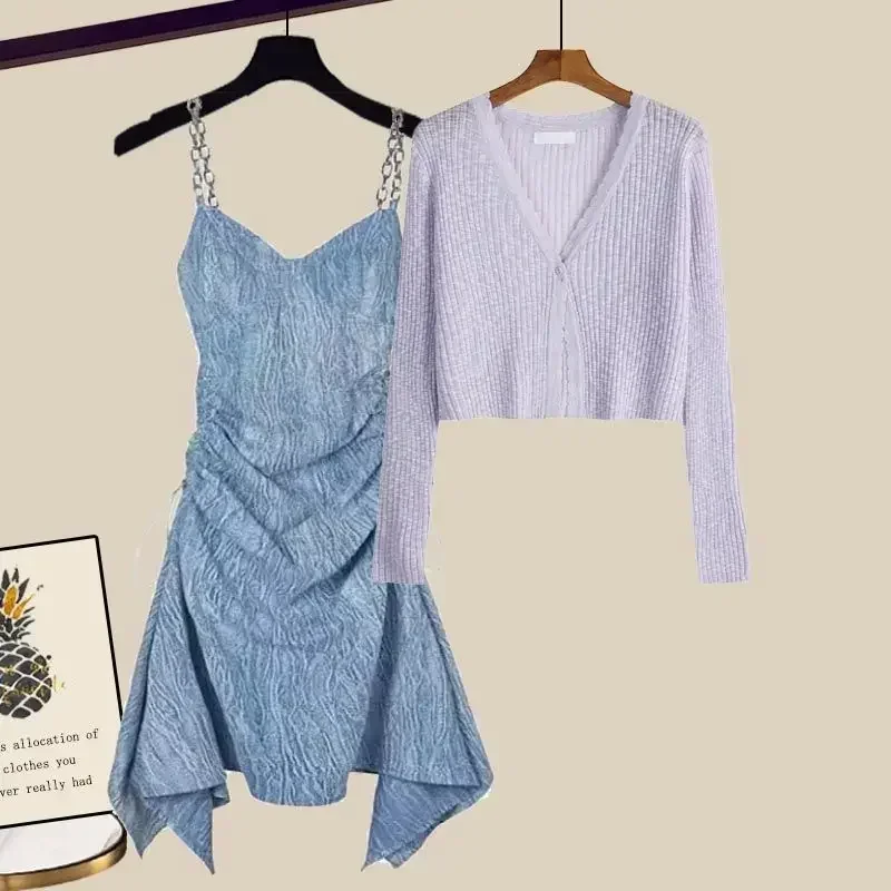 

Spring and Summer Women's Suit 2022 New Foreign Fashion Knitted Top Suspender Dress Two Piece Elegant Women's Skirt Suit