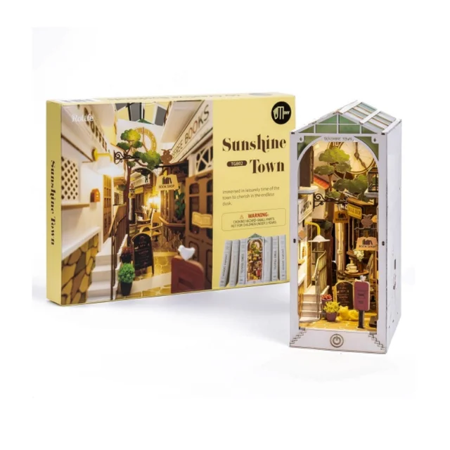 Robotime Rolife Wooden Puzzle Sunshine Town DIY Dollhouse Book Nook with LED Light for Bookshelf Insert Decor - TGB02
