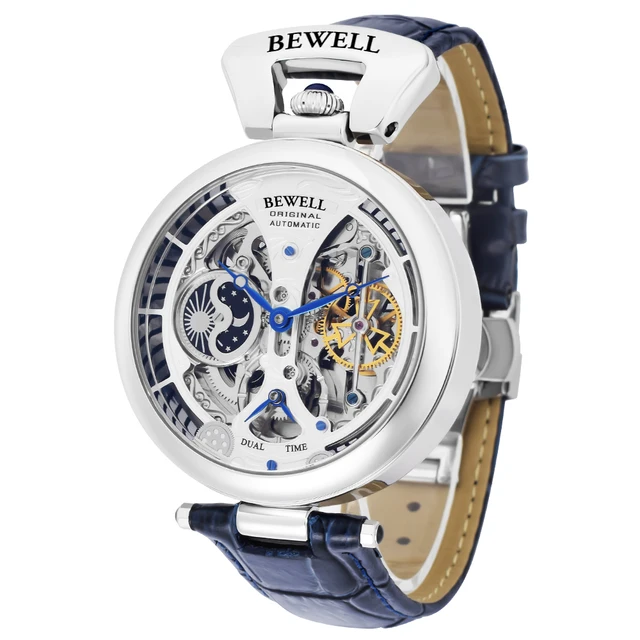 Montre mécanique automatique étanche haut de gamme, avec bracelet en cuir véritable et coque arrière transparente en acier inoxydable 1