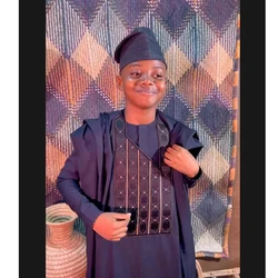 H&D New African Tradition Clothes For Kids Boys Blue Long Sleeve Tops Embroidery Robe Shirt Pant 3 PCS Set Wedding Party
