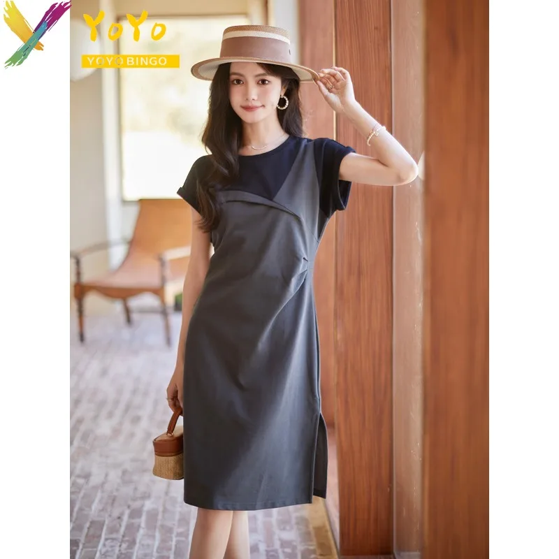 

Elegant Formal Grey/Black O-neck Stitched Short Sleeve Split A-line Dress 2024 Summer Fashion Slim Casual Dress