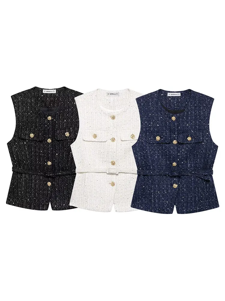 HH Women Fashion Tweed Belt Waistcoat O Neck Single Breasted Sleeveless Vests Spring Summer Office Lady Outerwear Chic Tops