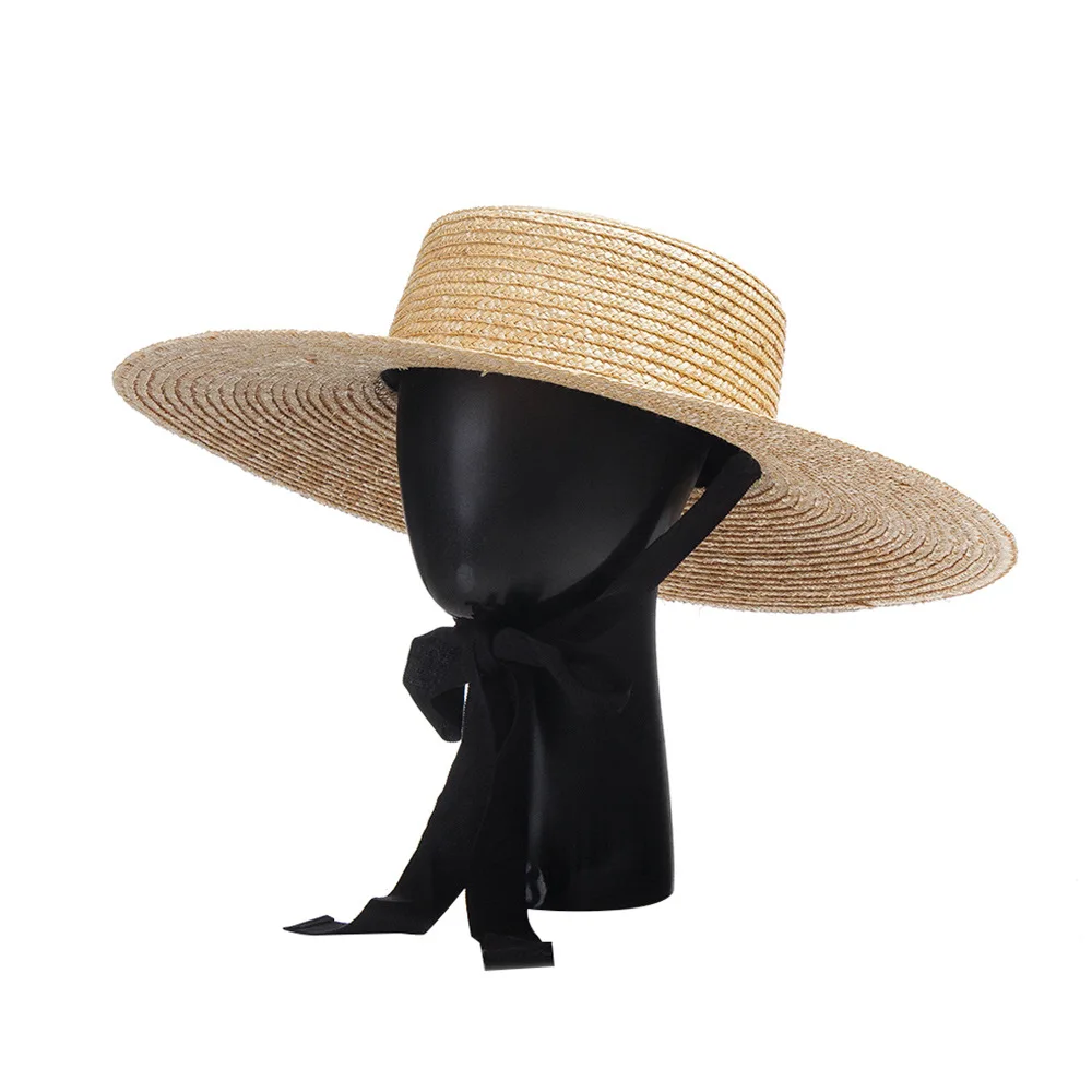 

King Wheat 2022 Spring Summer Straw Grass Large Size 64cm Women Sun Hats Flat Top Retro Big Eaves Bandage Sunshade Beach Caps