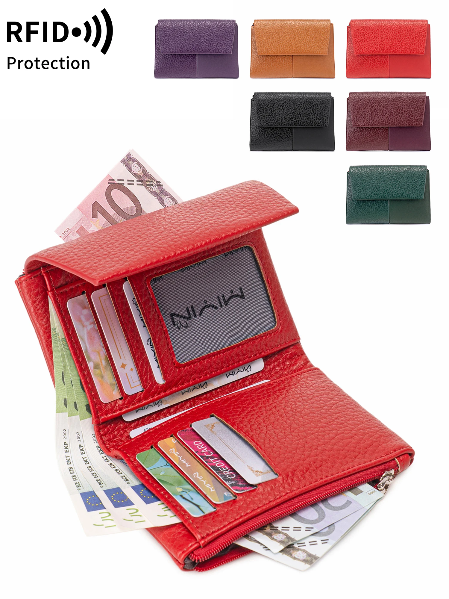 RFID-geschützte Damen-Geldbörse, stilvolle, faltbare Bifold-Geldbörse mit großem Fassungsvermögen, Kreditkartenhalter, Münzfach, Doppelreißverschluss, Damen-Handtasche