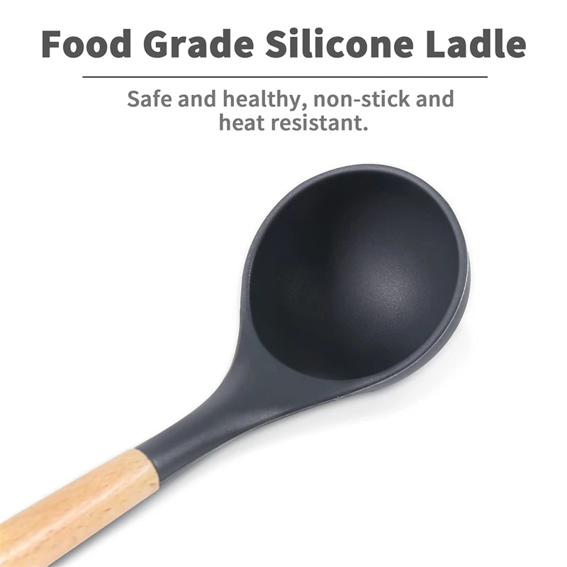 Silicone Soup Ladle Heat Resistant Ladle Spoons With Wood Handle Non-Stick Kitchen Cooking Spoon Serving Scoop For Sauce Soup