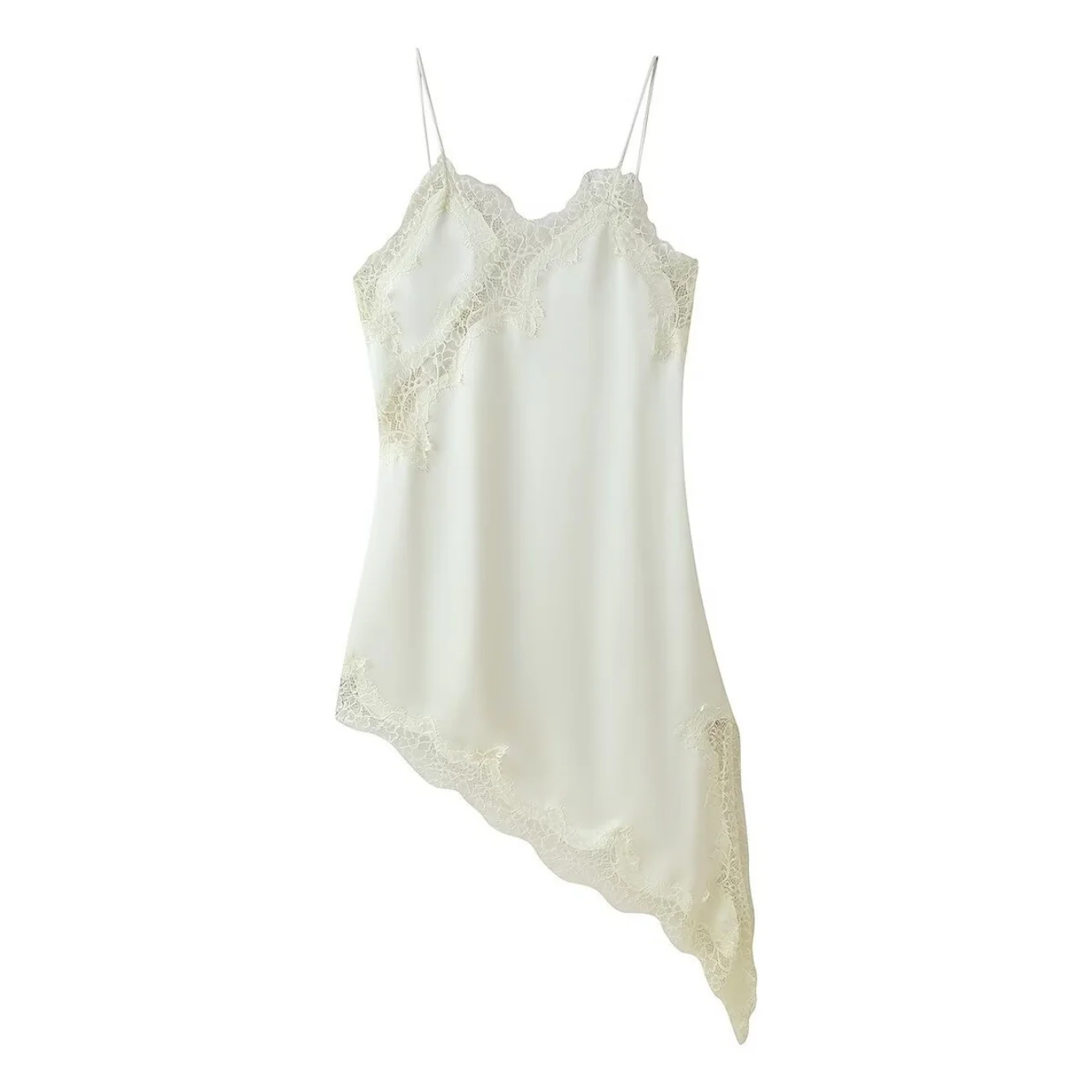 Women's Lace Paneled Camisole Dress Spaghetti Strap Asymmetrical Hem Sleeveless Backless Dress Sexy Mini Dresses Streetwear