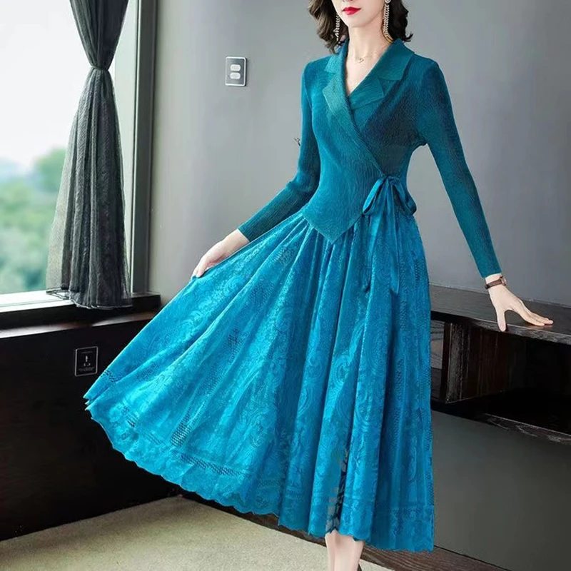 

2024 Women's Elastic Magic Dress Autumn/Winter New Suit Collar Mesh Splice Long Sleeve Loose Size Slim Knee Length Dress