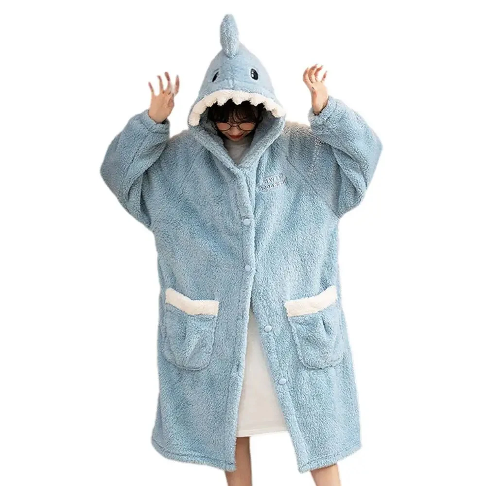 

Winter Flannel Hooded Bathrobe Women Shark Nightgown Robe Cute Cartoon Animal Sleepwear Girl Nightdress Cosplay Costume Homewear