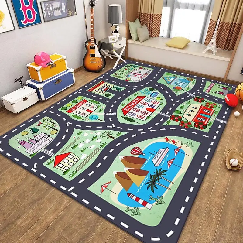 Thickened Flannel Carpet Living Room Children's Bedroom Decoration Floor Rug Cartoon Road Play Mat Soft Tatami Carpets Non-slip 3