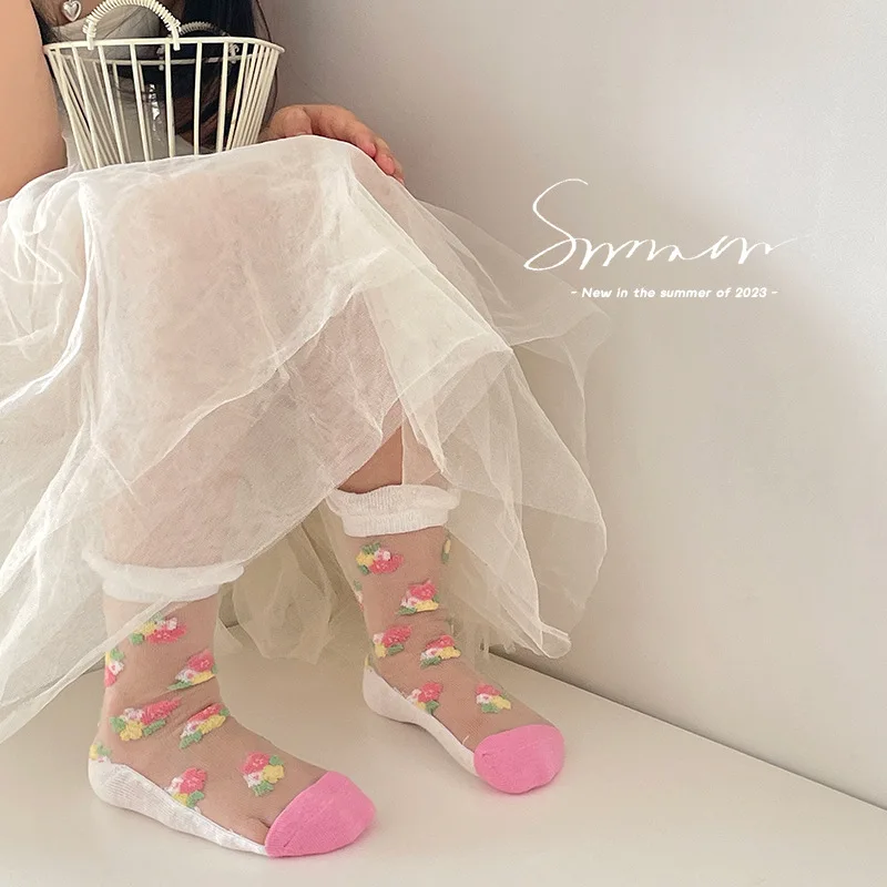 Girls Summer Socks Mesh with Cotton Transparent Socks Baby Cute Flowers Crew Sock 3 Pairs 3