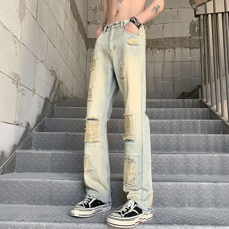 men's summer American high street slim fit distressed micro flared pants versatile casual pants cargo pants  ripped jeans