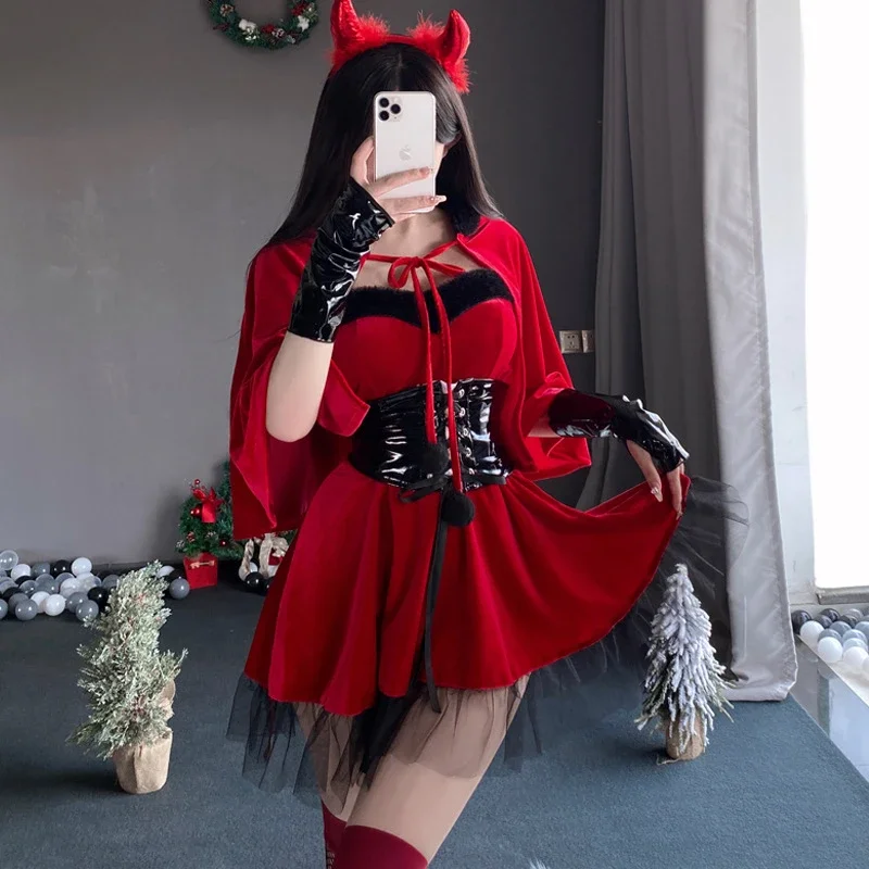 

Red Halloween Little Devil Cosplay Uniform Black Waist Cover Night Club Stage Velvet Dress Christmas Dress Girl Role Play Suit