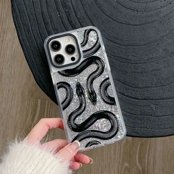 Transparent Border Silver Quicksand Snake Butterfly Panda iPhone 12 13 14 15 Pro Max Case - Protective iPhone Case