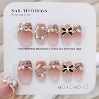 10Pcs Women French Style Handmade Set with Diamonds Bowknot Press on Nails Shining Pink Fake Nails Nail Art Detachable Nail Tips
