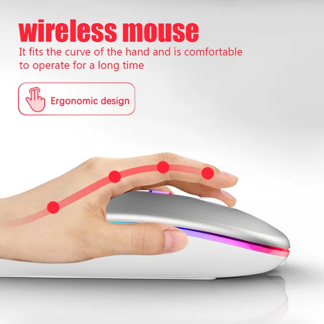 Mouse Wireless Bluetooth per Computer PC Laptop MacBook Mouse 1600 DPI con retroilluminazione RGB Mouse da gioco USB ricaricabile ergonomico 3