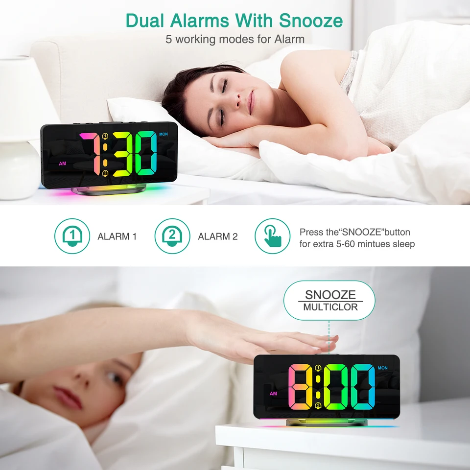 Sveglia LED Da Comodino Con Due Allarmi E Ricarica USB - Luminosità Regolabile E Modalità Notte Automatica Per Un Sonno Tranquillo - 5