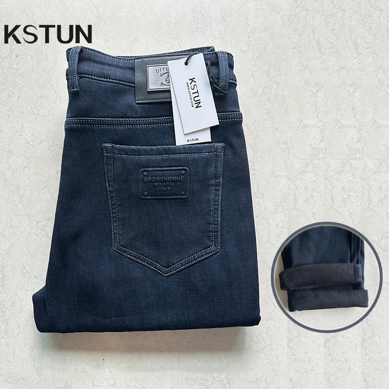 

KSTUN Men's Thicken Jeans, Warm Jeans, Stretch, Dark Blue, Straight Cut, Business Casual Pants, Men's Clothing, Winter Trousers